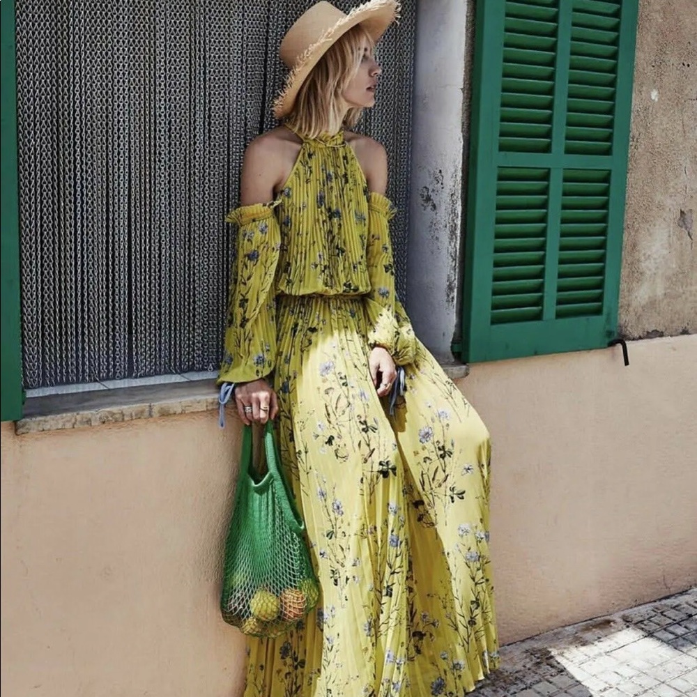 Self-portrait yellow floral print cold shoulder maxi dress